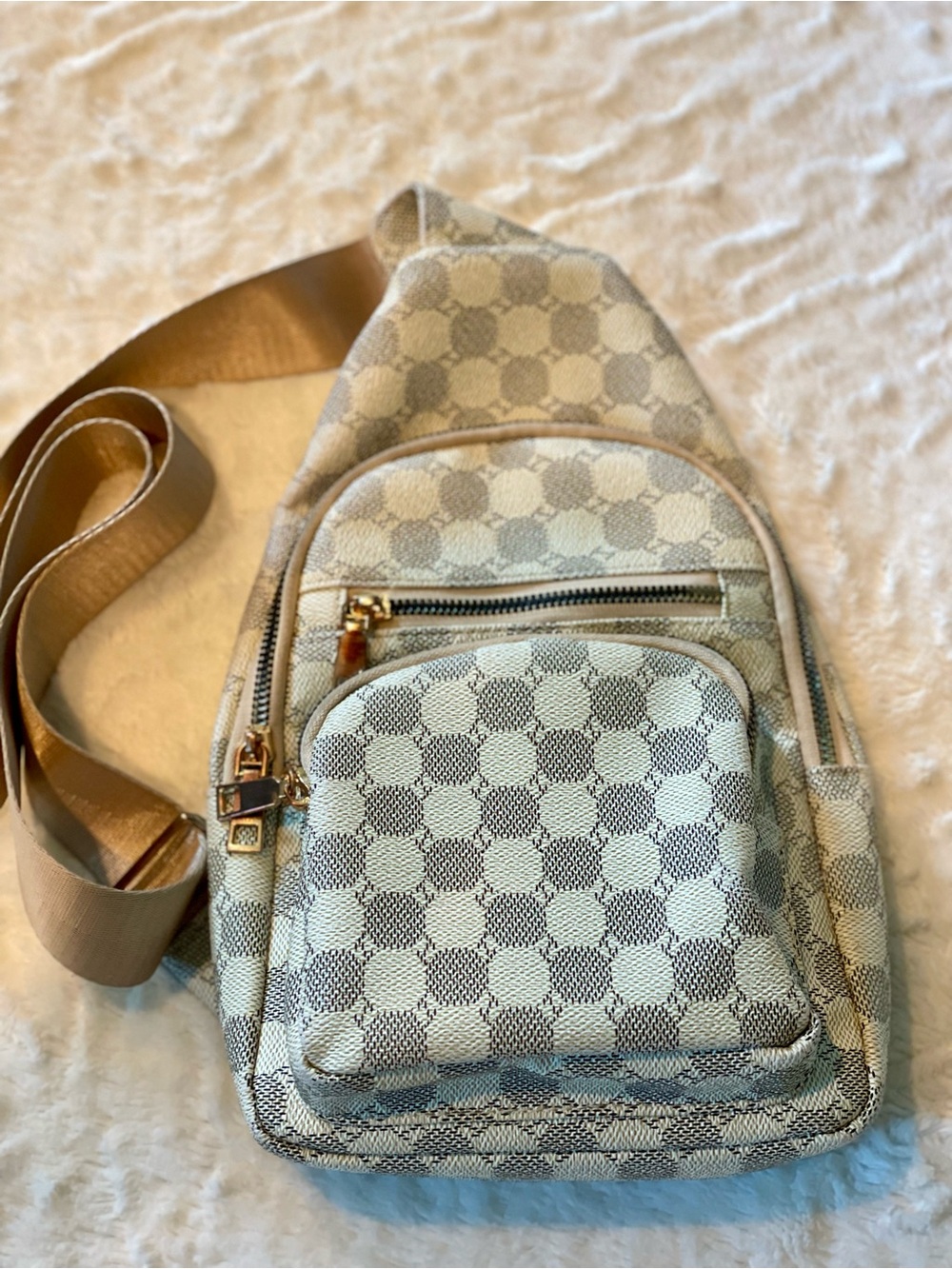 Designer-Inspired Cream & Gray Check Sling Bag